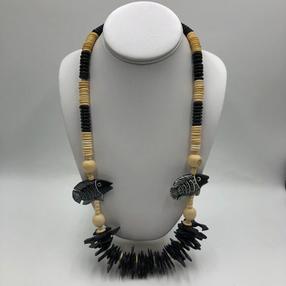 Fish Sea Life Beaded Women's Statement Necklace Nautical Wood Fashion Jewelry - Picture 4 of 8